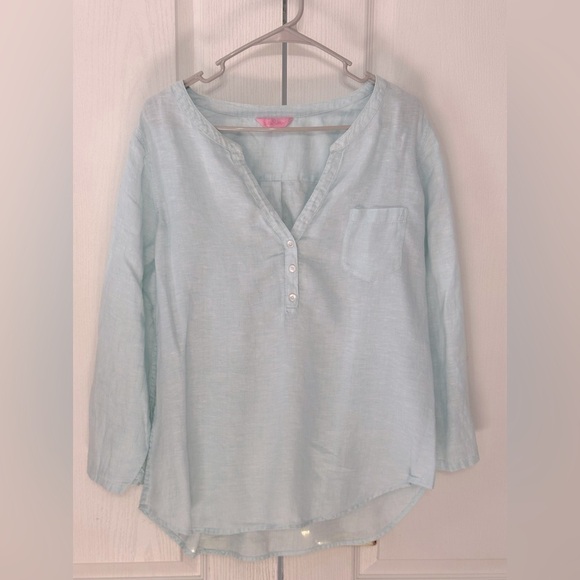 Lilly Pulitzer 100% Linen Long Sleeve Popover Top Size Medium‎ Seafoam Green - Picture 1 of 8